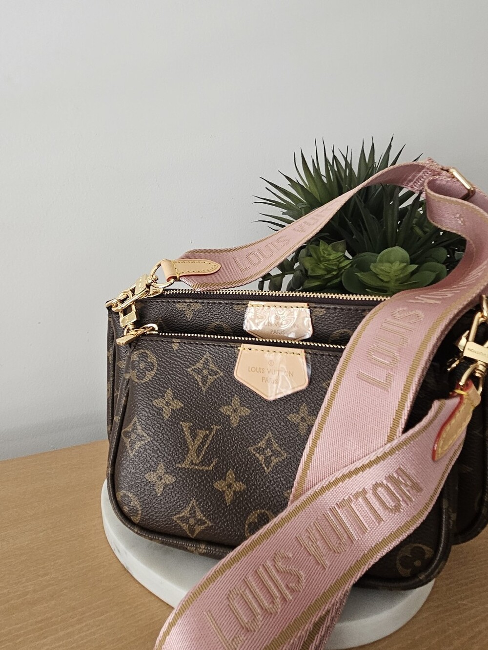 Designer Inspired Brown Monogram Crossbody with Pink Signature Strap - Picture 2 of 6